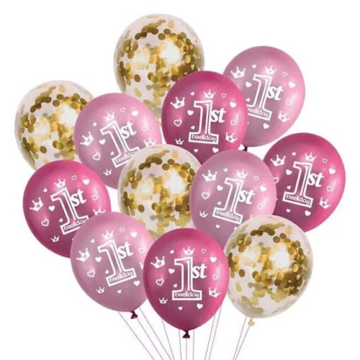 BLS87 Set 12 Baloane Cifra 1 Roz & Gold Confetti