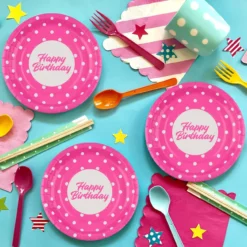 Set 10 Farfurii Petrecere Roz Cu Buline 18 cm
