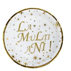 Set 6 Farfurii Elegante Gold Alb La Multi Ani 23 cm