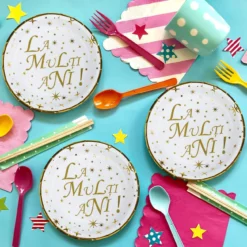 Set 6 Farfurii Elegante Gold Alb La Multi Ani 23 cm