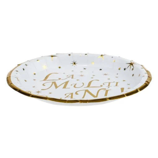 Set 6 Farfurii Elegante Gold Alb La Multi Ani 23 cm