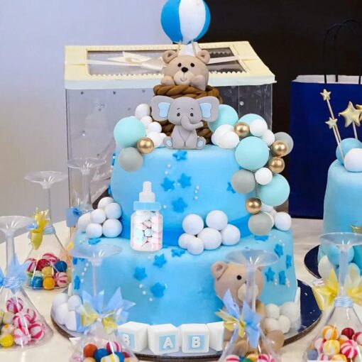 Decoratiune Tort Botez Baietel cu Elefantel si Accesorii Baby