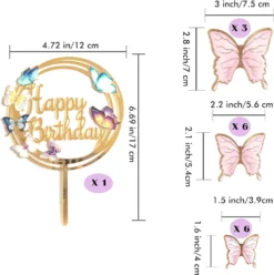 Decoratiune Tort Fluturi Roz Și Topper Happy Birthday