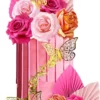 Decoratiune Tort Flori Roz si Fluturi Aurii