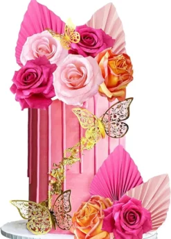 Decoratiune Tort Flori Roz si Fluturi Aurii