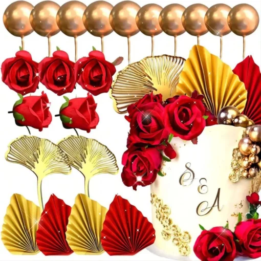 Decoratiune Tort Premium Elegant Roses & Gold