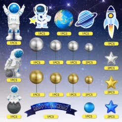 Decoratiune Tort Tematica Spatiala cu Astronauti si Accesorii Galactice