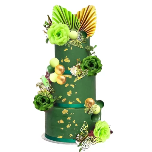Decoratiune Tort Tematica Verde cu Elemente Aurii si Fluturi