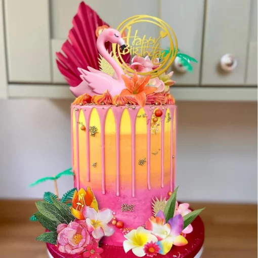 Decoratiune Tort Flamingo Tropical Pentru Aniversari Elegante