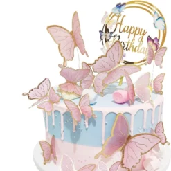 Decoratiune Tort Fluturi Roz Și Topper Happy Birthday