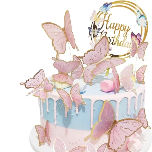 Decoratiune Tort Fluturi Roz Și Topper Happy Birthday