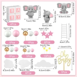 Set Decoratiuni Tort Oh Baby cu Elefantei si Nori