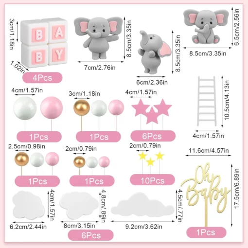 Set Decoratiuni Tort Oh Baby cu Elefantei si Nori