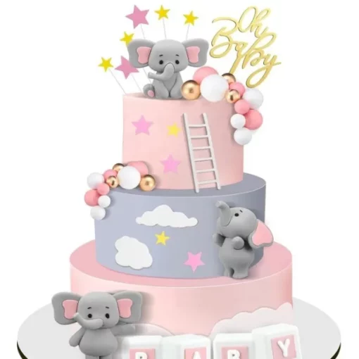 Set Decoratiuni Tort Oh Baby cu Elefantei si Nori