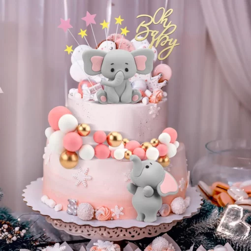 Set Decoratiuni Tort Oh Baby cu Elefantei si Nori