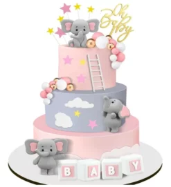 Set Decoratiuni Tort Oh Baby cu Elefantei si Nori