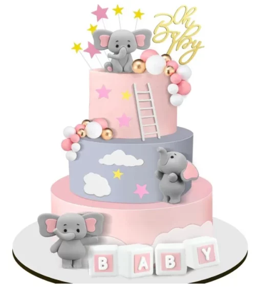 Set Decoratiuni Tort Oh Baby cu Elefantei si Nori