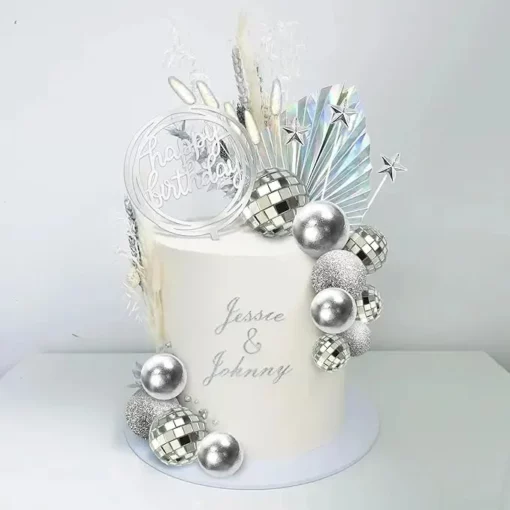 Set Decor Tort Aniversar Argintiu Cu Topper Happy Birthday