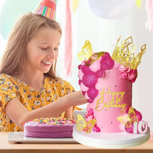 Decor Tort Zi De Nastere Roz Cu Fluturi si Coroana Aurie