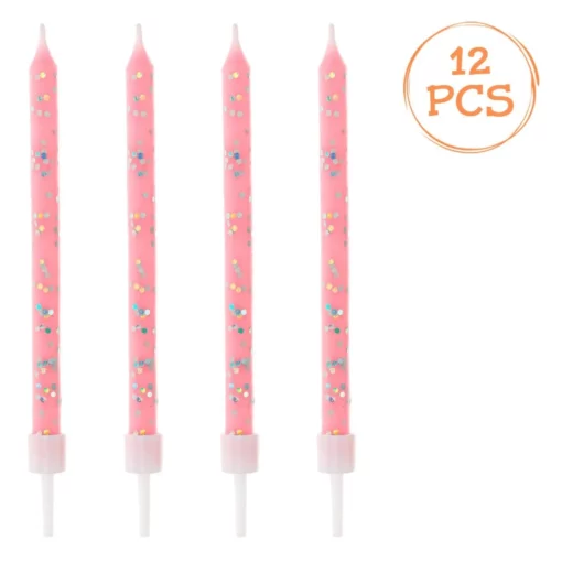 Set 12 Lumanari Aniversare Zi De Nastere Roz Cu Glitter Auriu
