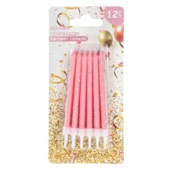 Set 12 Lumanari Aniversare Zi De Nastere Roz Cu Glitter Auriu