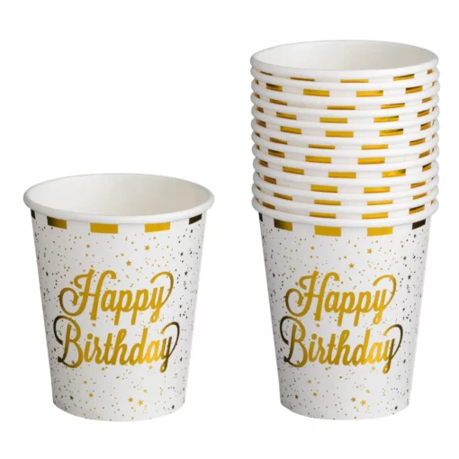 Set 12 Pahare Aniversare Petrecere Happy Birthday Alb Gold