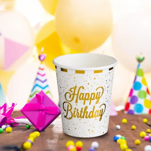 Set 12 Pahare Aniversare Petrecere Happy Birthday Alb Gold