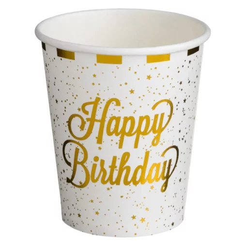 Set 12 Pahare Aniversare Petrecere Happy Birthday Alb Gold