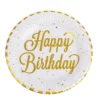 Set 12 Farfurii Aniversare Petrecere Happy Birthday Alb Gold 18 cm