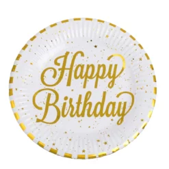 Set 12 Farfurii Aniversare Petrecere Happy Birthday Alb Gold 18 cm