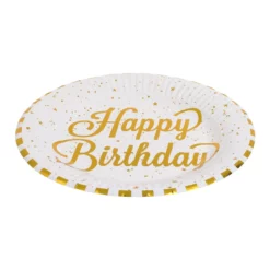 Set 12 Farfurii Aniversare Petrecere Happy Birthday Alb Gold 18 cm