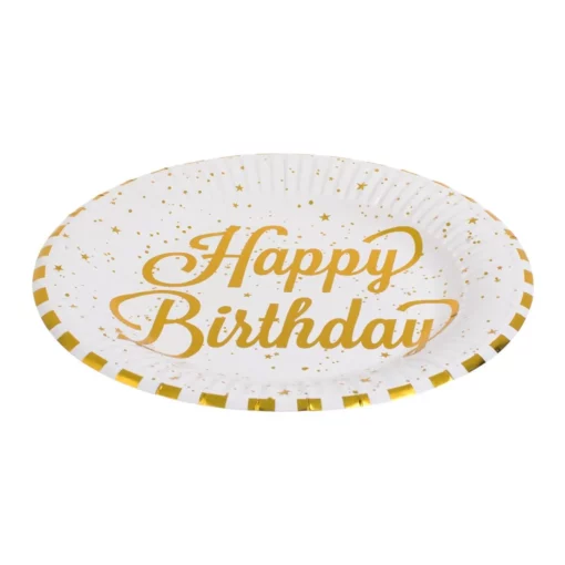 Set 12 Farfurii Aniversare Petrecere Happy Birthday Alb Gold 18 cm