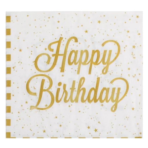 Set 12 Servetele Aniversare Petrecere Happy Birthday Alb Gold