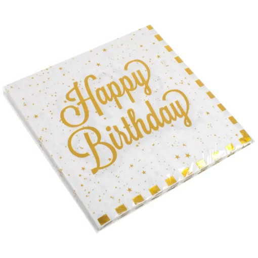 Set 12 Servetele Aniversare Petrecere Happy Birthday Alb Gold