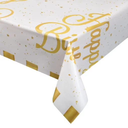 Fata De Masa Aniversare Petrecere Happy Birthday Alb Gold