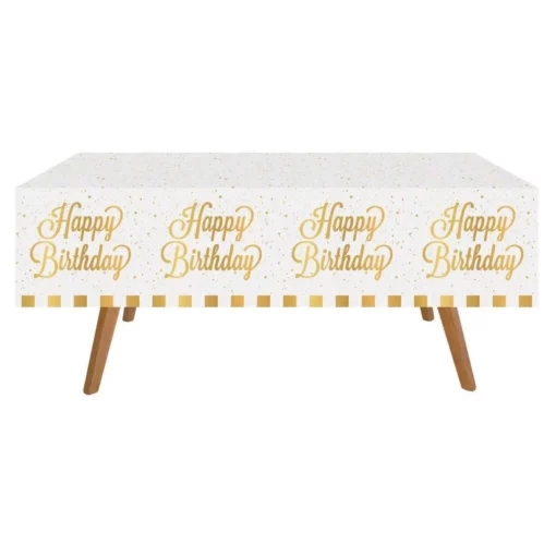 Fata De Masa Aniversare Petrecere Happy Birthday Alb Gold