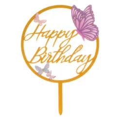 topper tort auriu Happy Birthday fluturi 12x17 cm