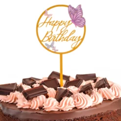 topper tort auriu Happy Birthday fluturi 12x17 cm