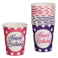Set 12 Pahare Aniversare Petrecere Roz Mov Cu Buline