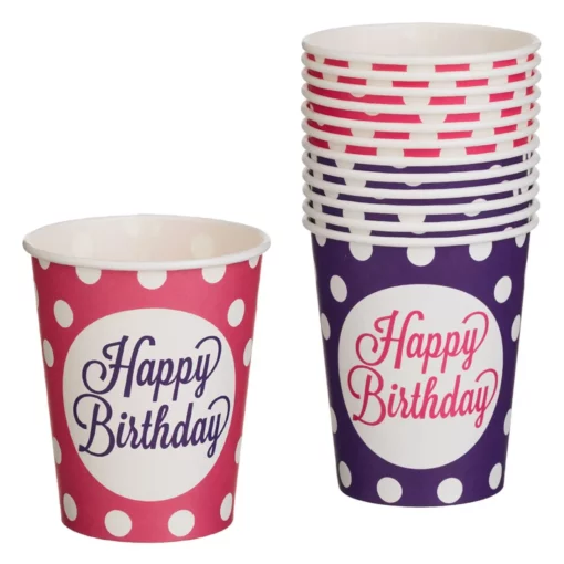 Set 12 Pahare Aniversare Petrecere Roz Mov Cu Buline