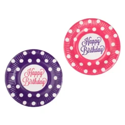 Set 12 Farfurii Aniversare Petrecere Roz Mov Cu Buline 18 cm
