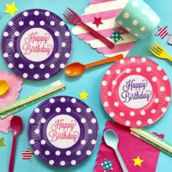 Set 12 Farfurii Aniversare Petrecere Roz Mov Cu Buline 18 cm