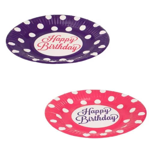 Set 12 Farfurii Aniversare Petrecere Roz Mov Cu Buline 18 cm
