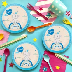 farfurii carton elefant baby blue bej ciel 6 bucăți 23 cm