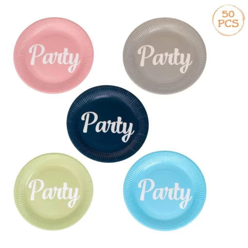 Set 50 Farfurii Petrecere Aniversare Multicolore 18 cm