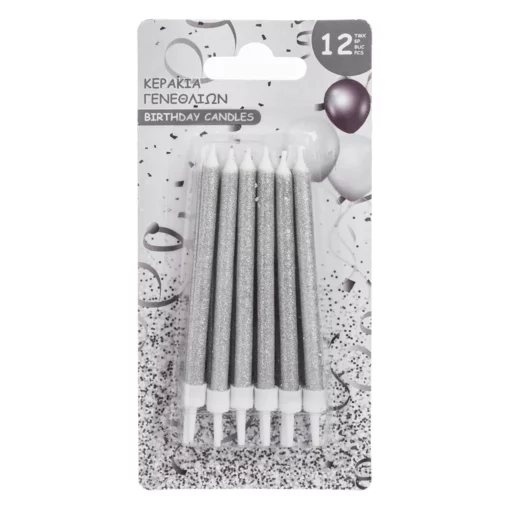 Set 12 Lumanari Aniversare Zi De Nastere Silver Cu Glitter