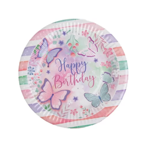 Set 12 Farfurii Petrecere Multicolore Cu Fluturasi 18 cm