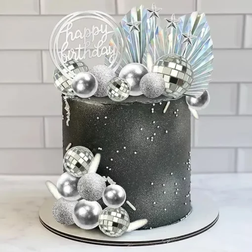 Set Decor Tort Aniversar Argintiu Cu Topper Happy Birthday