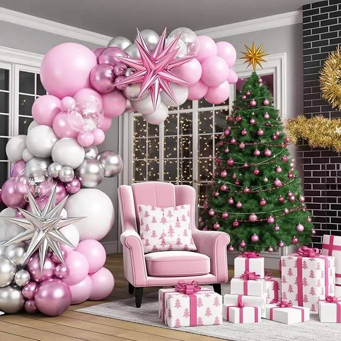 Prezentare eleganta pentru un set arcada baloane roz si argintiu cu stele 3D metalizate, montat ca decor aniversare fetite.