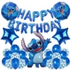 Set baloane aniversare Stitch albastru cu banner Happy Birthday si confetti
